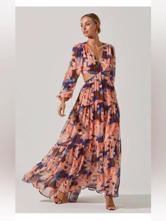 Astr Dresses & Skirts - ASTR The Label: Lively Dress - Pink Blue Cutout Maxi Long Sleeve Size L